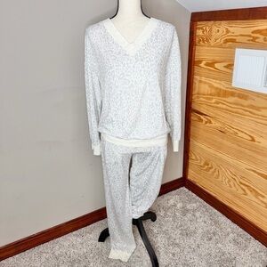 Pink Lily Leopard Print V-Neck Loungewear Set Small Medium S/M Cream Grey Pink